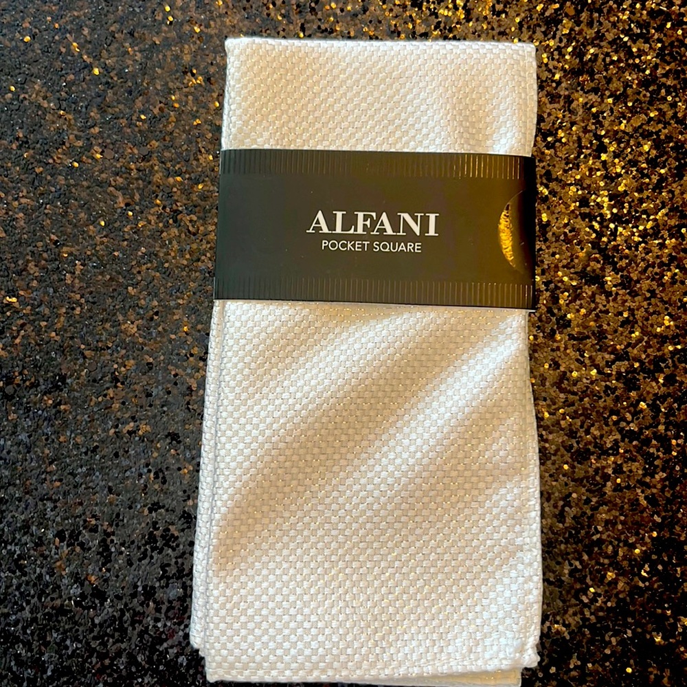 Alfani pocket square White with Silver stitching, in original packaging.